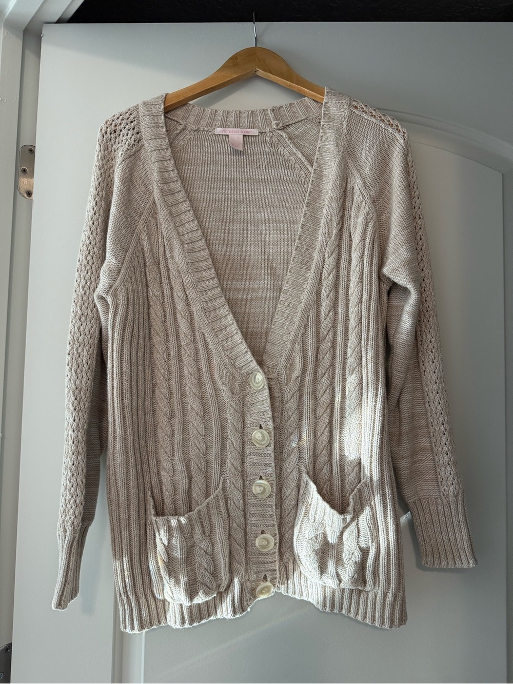 Victoria's Secret Light Beige Cable-Knit Button Cardigan